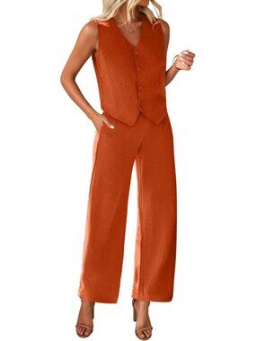 Women's Brick Red Polyester Two Piece Button V Neck Wide Leg Pants Suit Blazer